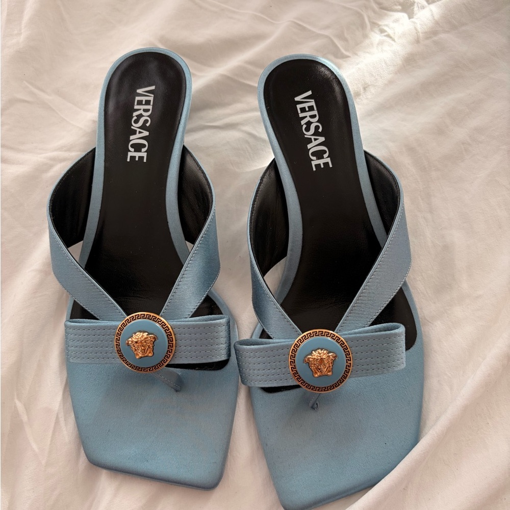 Versace Blue Gianni Ribbon Low Satin Mules